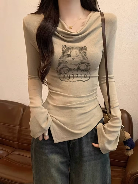 Y2k Cat Long sleeve T-shirt Women Luxury Korean Graphic Off shoulder Top Casual Lady Basic Tees Slim Sexy - AliExpress 200000345