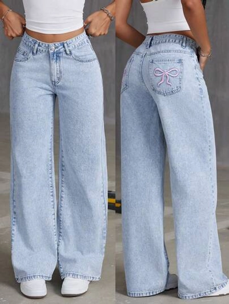 Teenage Girl Cute Girl Loose Butterfly Print High Street Casual Denim Wide Leg Pants