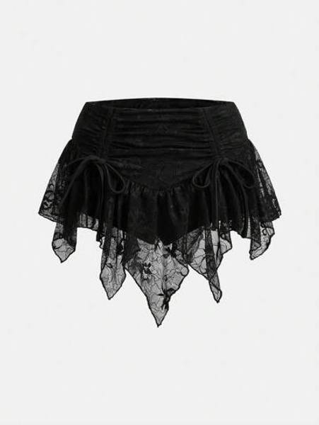 Sweetina Asymmetric Hem Drawstring Waist Ruched Lace Mini Skirt - Size M