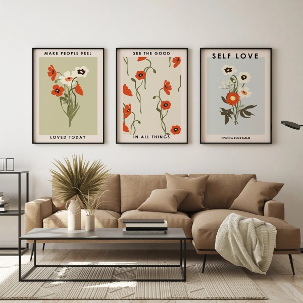 Vintage Flower Poster Set | Blumen Poster im Set | Modern Art Poster | Flower Poster | Poster mit Bilderrahmen | Boho Poster für Wohnzimmer