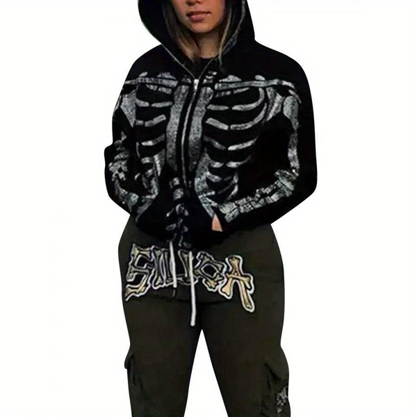 Rhinestones Skeleton Print Hoodies for Women Goth Long Sleeve Hooded Tops with Zipper for Autumn E- Jacket Streetwear S/M/L/XL