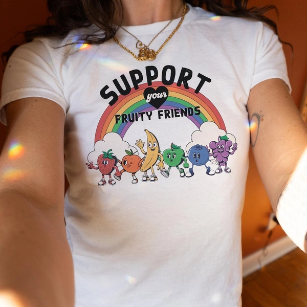 Support Your Fruity Friends Baby Tee | LGBTQ Ally Shirt | 90s Baby Tee | Y2K Clothing | Pride Shirt | Queer Lesbian Bisexual Trans Shirt
