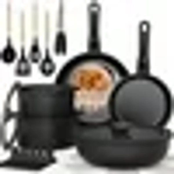Astercook 20-Piece Pots and Pans Set, Nonstick Cookware Set with Detachable Handles, Oven & Dishwasher Safe, Induction Compatible, Stackable RV Kitchen Cooking Set, Black