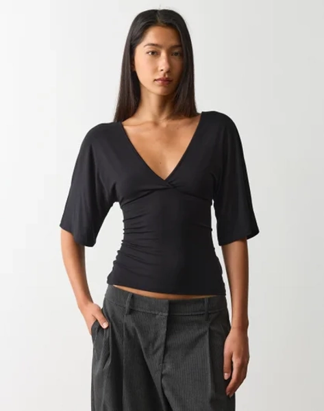 V Neck Bat Sleeve Top in Black | Glassons AU