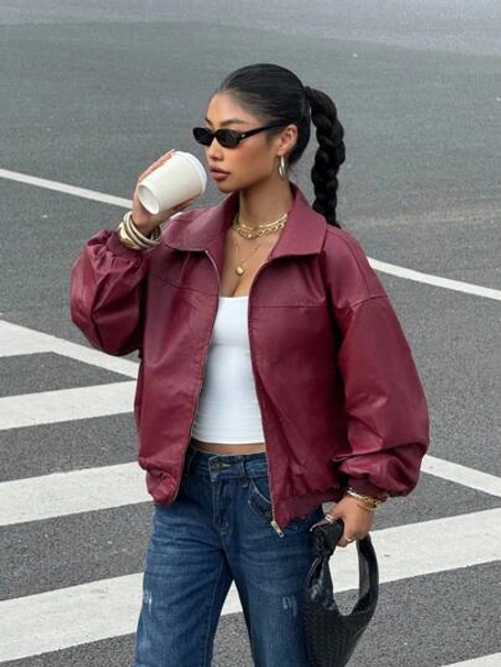 Muchica Women's Fall Clothes New Style Drop Shoulder Long Sleeve Zip Up Red PU Leather Jacket,Suitable For Daily Wear