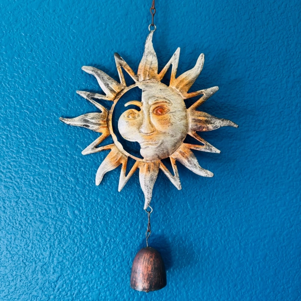 Vintage Celestial Metal Sun Bell Wind Chime Silver Copper Tone Chain Hanging Art