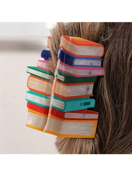 1 Elegant Book-Shaped Hair Clip - Large Stackable Hairpin, Vibrant Colorful Book Design (Green, Orange, Pink, Yellow, Red, Purple, Brown), Birthday Gift Idea, Cute Book-Themed Hair Clip, Suitable For Casual And Formal Occasions, Book-Inspired Design