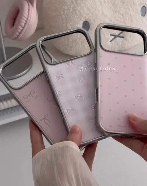 Dreamy Coquette Ribbon Bowknot Checkered Glossy Resin Coated Electroplated Silver Frame Case Collection