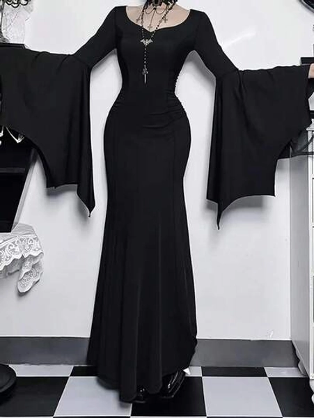 Women's Solid Color Casual Elegant Gothic Style Ruffle Sleeve Dress For Party Black - Size XL