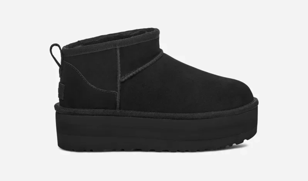 UGG® Women's Classic Ultra Mini Platform Suede Classic Boots in Black, Size 7