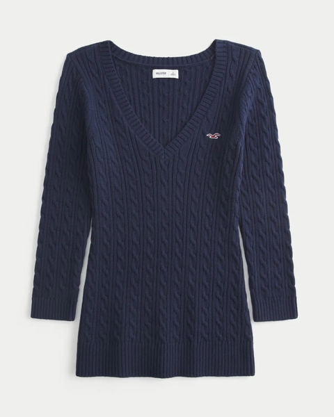 Three-Quarter Sleeve Cable-Knit V-Neck Sweater