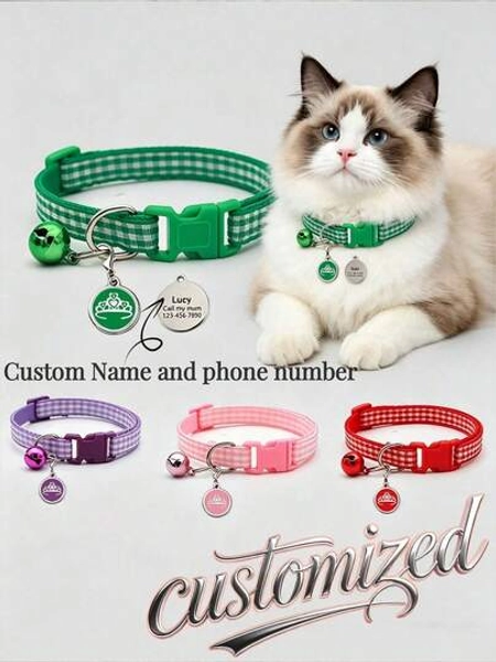 Personalized Cat Collar + Pet Tag, Corduroy Soft Corduroy Cat Collar With Bell Pendant And Pet Tag, Customizable Pet Name And Phone Number, Adjustable Collar Size, Fashionable And Fun Best Pet Gift, Create Holiday Atmosphere, Suitable For Cats Of All Sizes - Size Purple