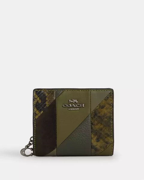 Gunmetal/Olive Multi Snap Wallet With Patchwork And Snake Print