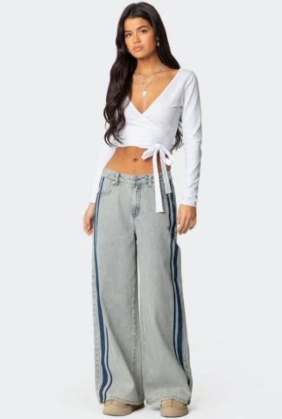 Edikted Women's Side Stripe Washed Low-Rise Wide-Leg Jeans