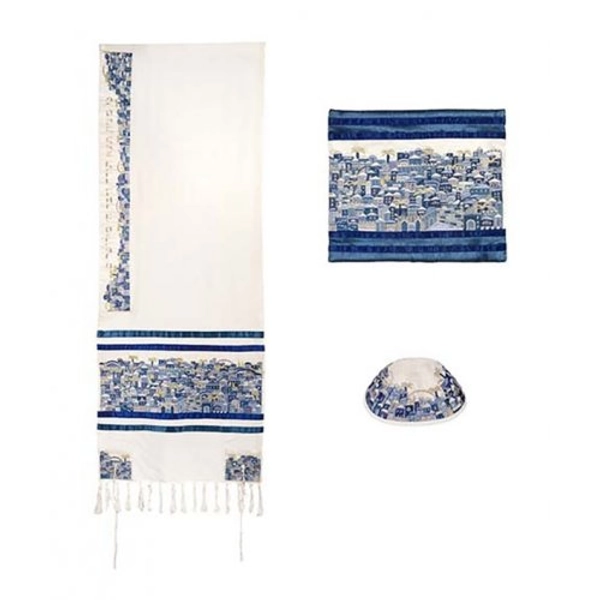 Yair Emanuel Embroidered Cotton Tallit Set - Jerusalem in Blue