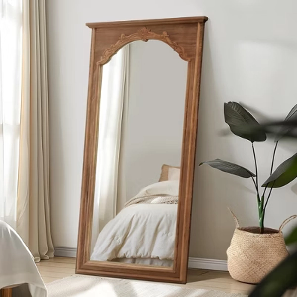 Solid Wood Full-Length Mirror with Cherry Blossom Carving - 180x90x4cm (Stand Not Included)