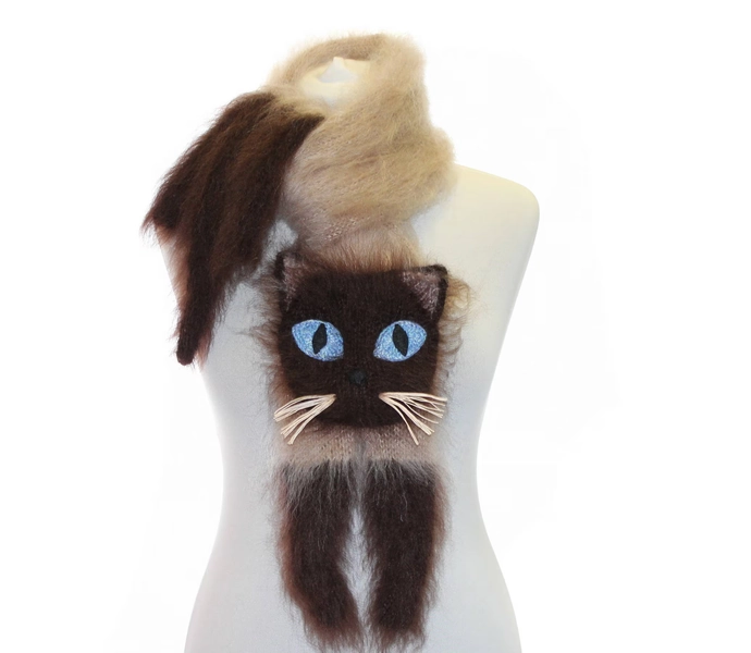 Siamese Cat Knitted Scarf: Fuzzy Mohair Blend Animal Scarf