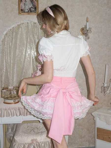 Kawaii ROMWE X Elena Katey Spring/Summer Valentine's Day Cute And Sweet Cake Hem Women Denim Mini Skirt - Size S