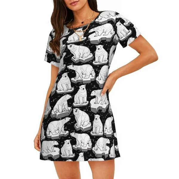 Bingfone Cute Cartoon Polar Bear Nightgowns for Women Sleep Shirts Short Sleeve Nightshirt Pullover Nightdress Soft Sleepwear