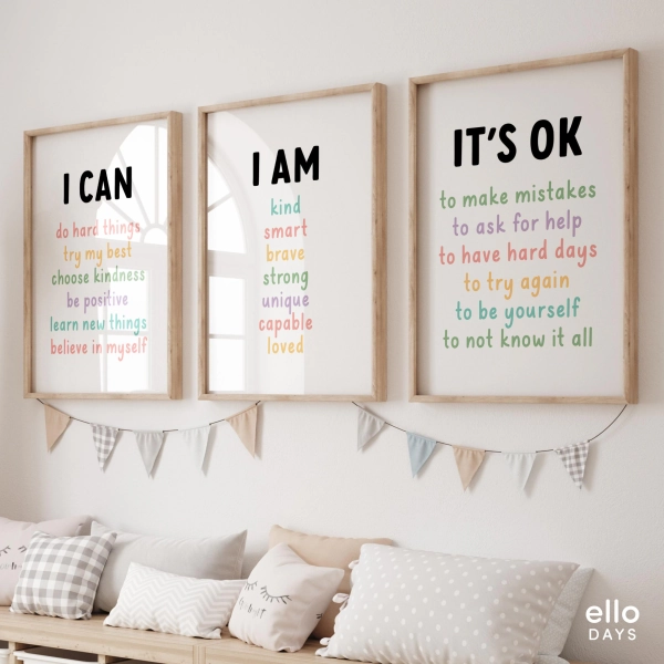 Kids Affirmation Poster Set of 3, Positive Affirmations Wall Art Bundle, I Am Motivational Poster, Classroom Affirmation Decor Set