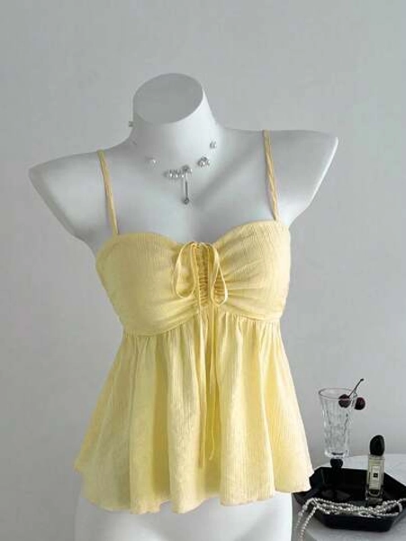 Sweetra Women's Summer Adorable Solid Color Ruffle Fabric Pink Camisole Creamy Yellow Clothes For University