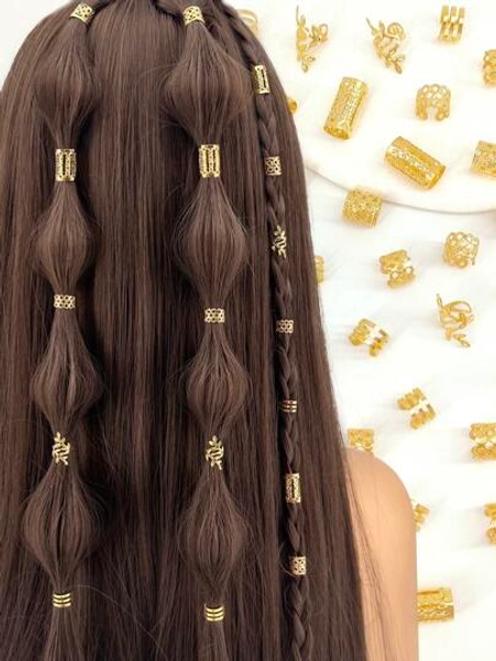50PCS Vintage Boho Style Alloy Hair Rings Set - Hollow Out Round Hair Accessories For Women And Girls, Elegant Solid Color Hair Jewelry For Braids And DIY Hair Design