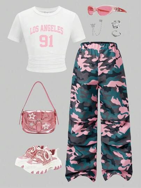 SHEIN Explorewe 2pcs Set For Tween Girls Loose Fit Camouflage Cargo Pants & Casual Short Sleeve T-Shirt