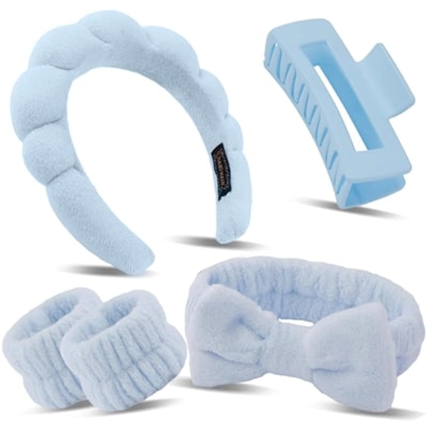 Spa Headband Wristband Set with Hair Clips – Puffy Makeup Headband for Women, Face Washing, Facial Mask, Shower Accessories, Gifts for Teen Girls