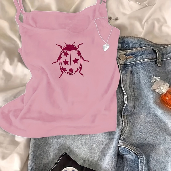 Women's Pink Ladybug Print Sleeveless Tank Top - High Elasticity Stretchy Fabric, Thin Straps, Machine Washable, All-Season Casual Wear for Everyday Outfits