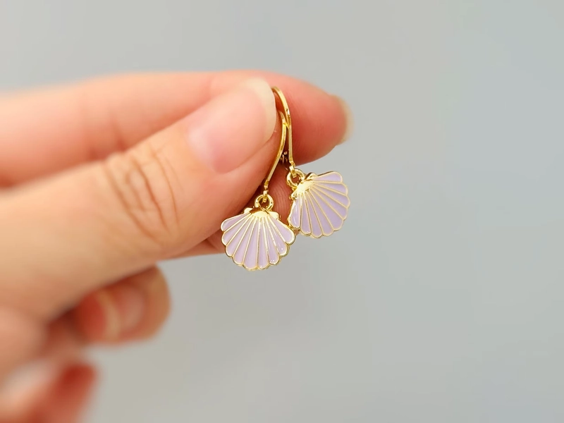 Pastel Shell Earrings Gold leverbacks dangle handmade ocean lover gift nature inspired coastal nautical beachy summer  jewelry lilac purple