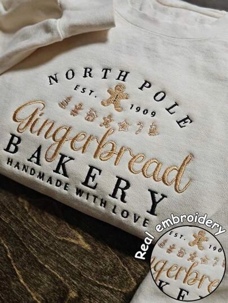 Women's Oversized Crew Neck Long Sleeve Casual Sweatshirt With Embroidered "Christmas GINGERBREAD BAKERY" Design, Holiday/Ugly Christmas Sweatshirt For Fall And Winter