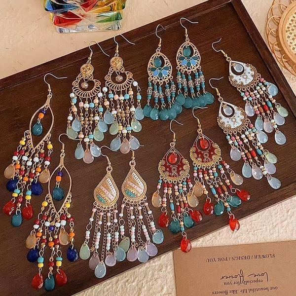 6-Pair Bohemian Tassel Earrings Set - Vintage Beaded Dangle Earrings with Teardrop &amp; Round Beads, Multicolor Boho Statement Jewelry for Women, Lightweight Alloy Hoops for Parties, Vacations, Casual Attire - All-Season Ethnic Dangle Earrings (Turquoi