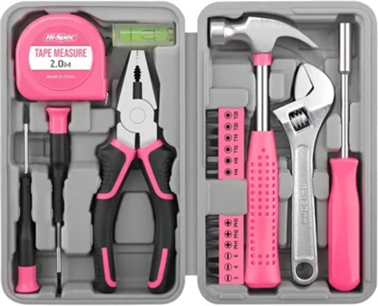 HiSpec Hi-Spec 20Pc Pink Tool Kit Set For Home Diy Repairs Compact Hand Tool Box Case