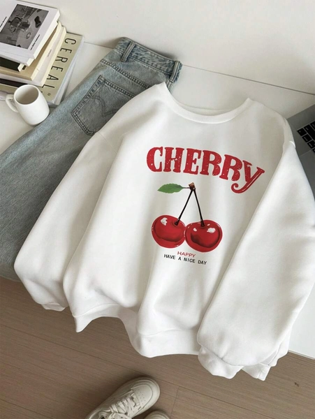 SHEIN EZwear Sudadera holgada de manga larga con cuello redondo y estampado de flores de cerezo blanco y casual simple, adecuada para otoño/invierno, blusas de manga larga