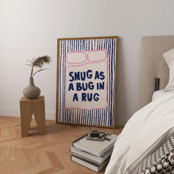 Snug As A Bug Art Print Poster, Trendy Retro Bedroom Pint, Mid Century Print, Nursery Poster Modern Bedroom Sleep Wall Art Print