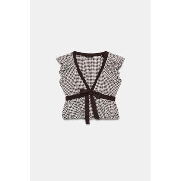 Zara - Gingham Balloon Tie Top - Brown / Ecru - L - Woman
