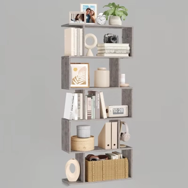 Wooden Bookcase, Display Shelf and Room Divider, Freestanding Decorative Storage Shelving, 5-Tier Bookshelf, Greige, 9.4D x 27.6W x 62.6H in