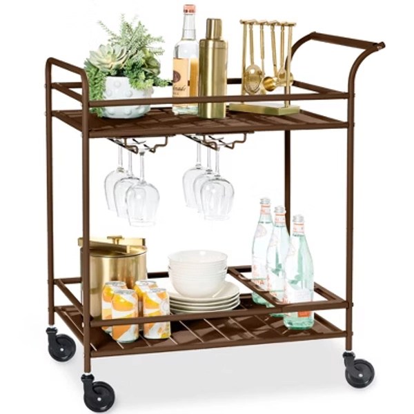Best Choice Products 2-Tier Rolling Bar Cart Indoor/Outdoor w/ Storage Shelves, Wine Rack, Lockable Wheels - Brown