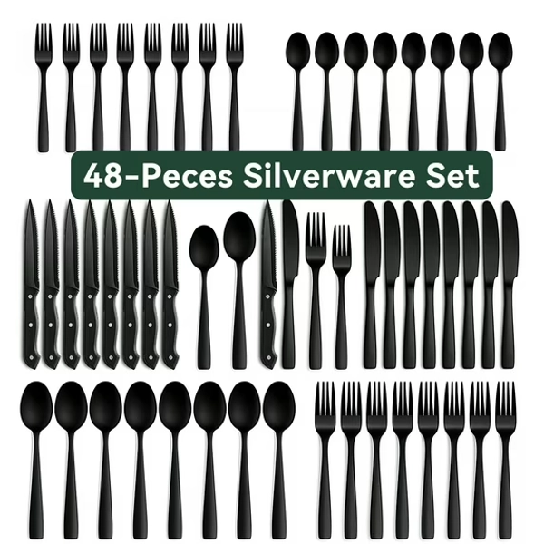 48-Piece Black Silverware Set for 8, with Steak Knives - Food Grade Stainless Steel Flatware Cutlery Utensil Set - Premium Mirror Polished Finish for Home Restaurant Daily Use