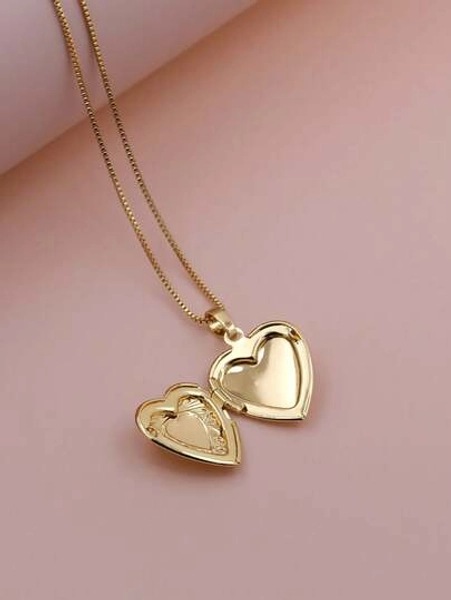 1pc New Nordic Style Retro Lace Hollow Heart Ribbon Photo Locket Pendant Copper Photo Album Box Necklace, Women Jewelry