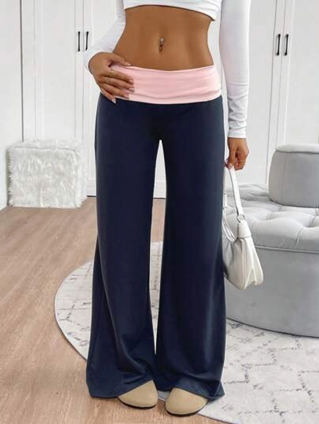 INAWLY Women's Casual Contrast Foldover Waist Wide Leg Sweatpants Graduation,Back To School Outfits,Graduation,Teacher Outfits For Women,Back To School Fall Cloth For Women
