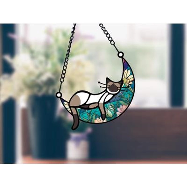 Sleeping Cat on Moon Suncatcher: Handmade Pet Memorial Gift