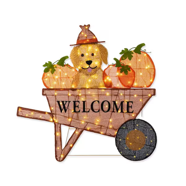 Glitzhome 36.25 in. Lighted Fall Pumpkin Wheel Barrow with Labrador Outdoor Decor with 130 Warm White LED Lights 2042700002