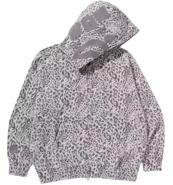 BAPE Wild Leopard Pattern Shark Relaxed Fit Full Zip Hoodie Gray
