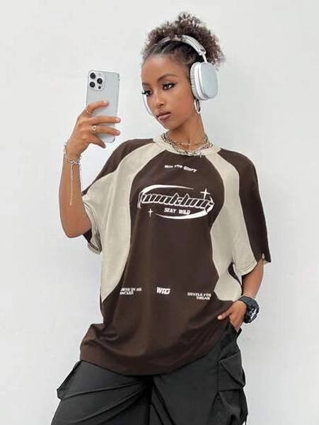 Coolane Women Oversize Street Style Sporty Motorcycle Color Block Print T-Shirt
