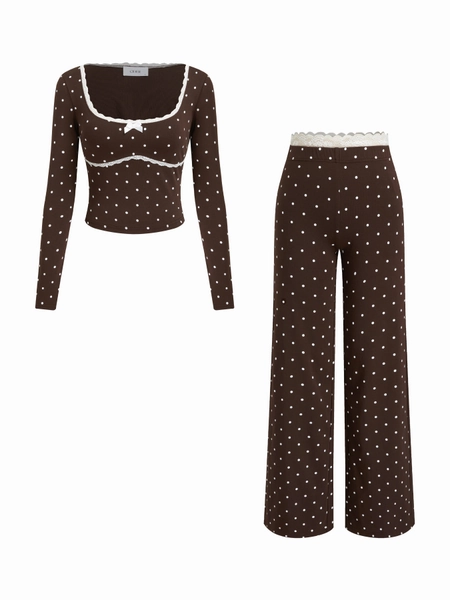 Knit Fabric Cotton-blend Polka Dot Lace Bowknot Top & Mid Rise Lettuce Trim Straight Leg Trousers Loungewear Set For Bedroom