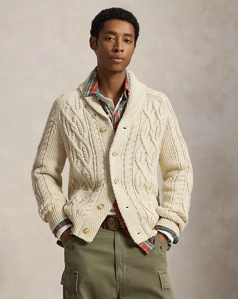 Aran-Knit Cotton Shawl Cardigan