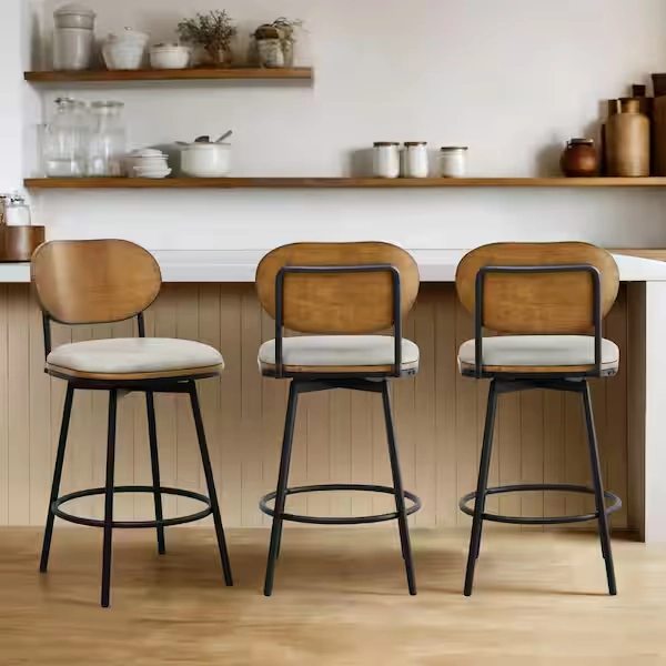 Spruce & Spring Aloysius 27 in. Grey High Back Bar Stools Metal Swivel Counter Stools with Leather Seat (Set of 3) 3-SSBS72022-PUGTSF
