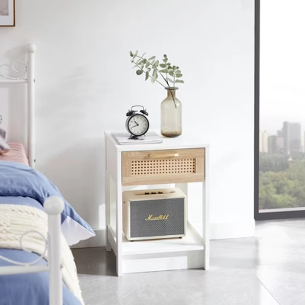 15.75"W Nightstand, Rattan End table Side Table with Drawer for Living Room, Bedroom, White -ModernLuxe