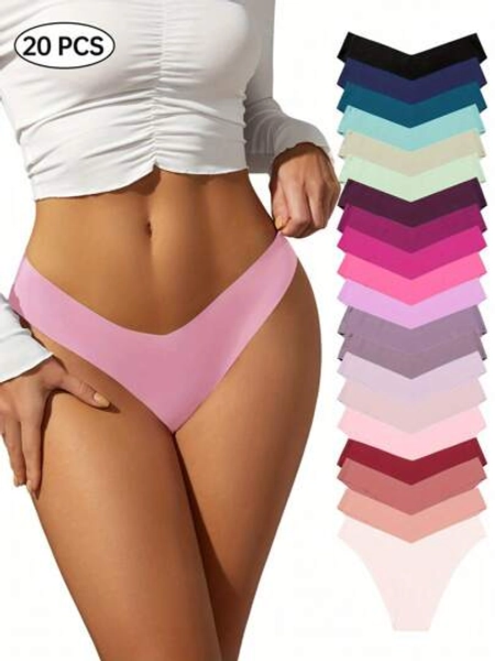 20 Seamless Solid Color Panties, Comfortable Breathable Stretch Underwear, Women's Underwear